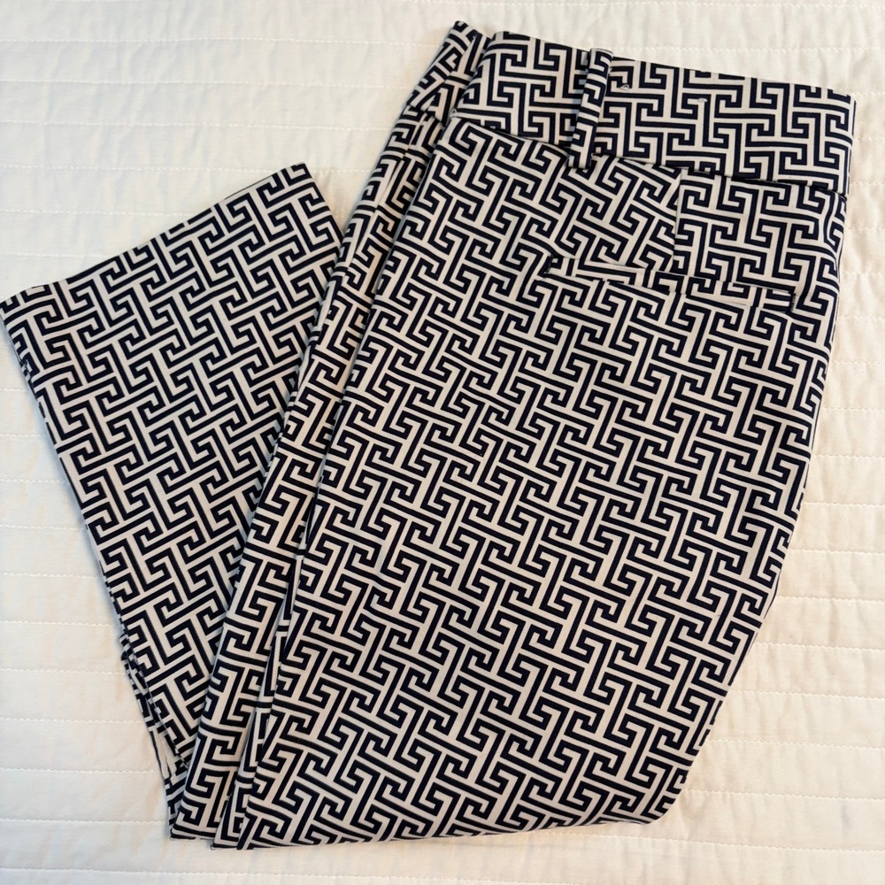LOFT Marisa Fit Navy Blue White Greek Key Geometric Crop Pants Womens 6 NWT